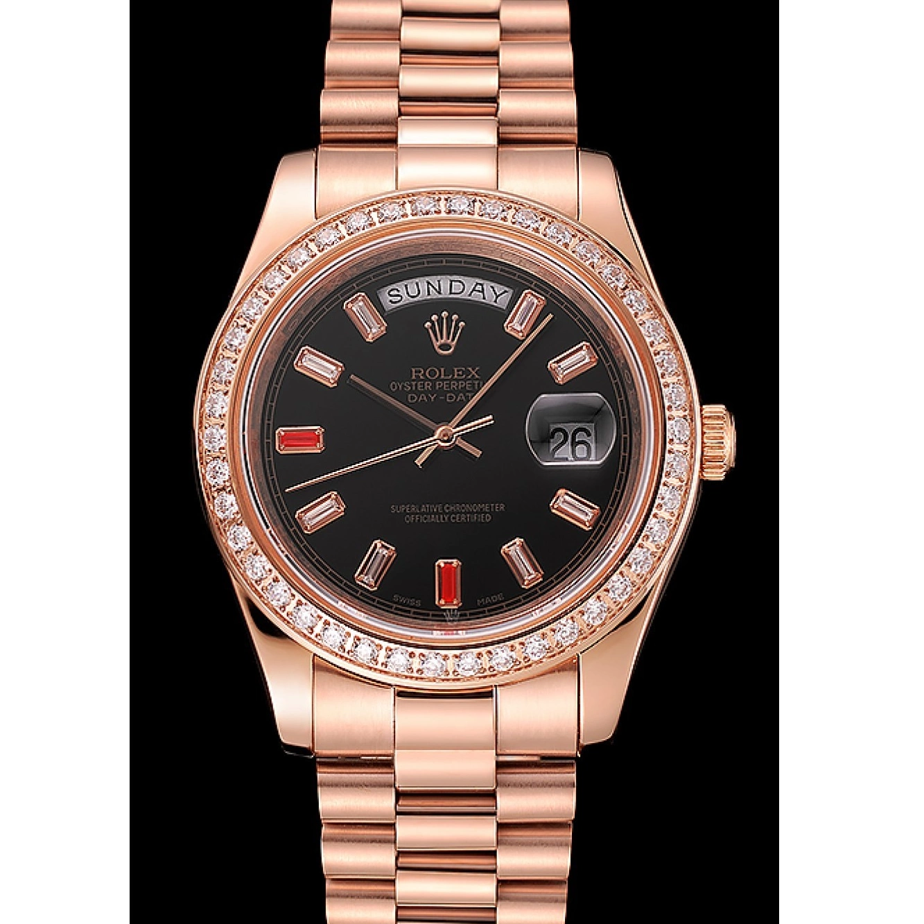 Best AAA Replica Sites Rolex Dial Rose Diamonds Bracelet Gold Day-Date Rubies Black And 1454102 Swiss 0805